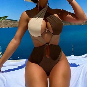 Multicolor Women's Beach Colorblock Criss Cross Halter One-Piece Swimsuit